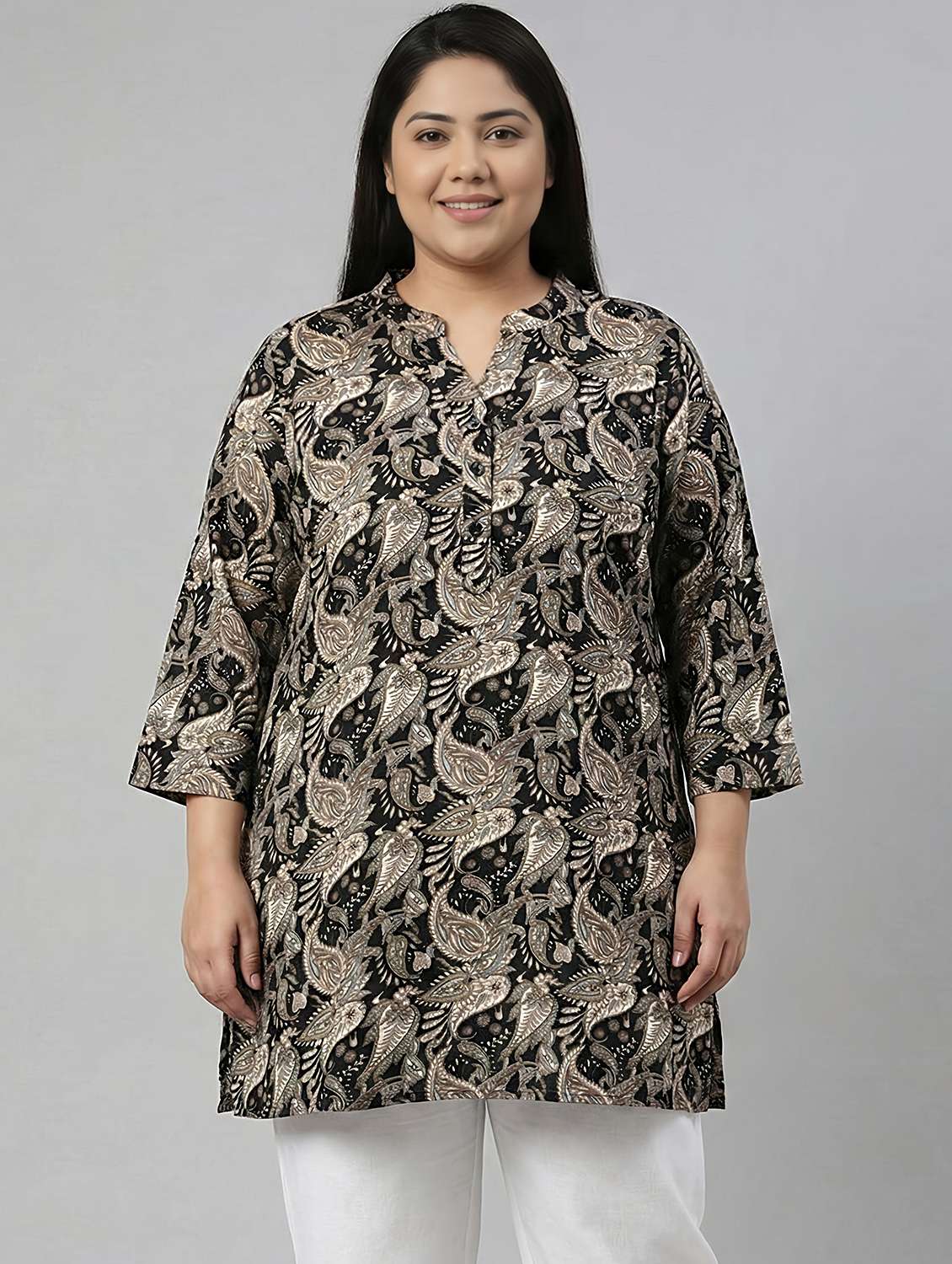 women plus size printed mandarin neck straight kurti - 22258918 -  Standard Image - 3