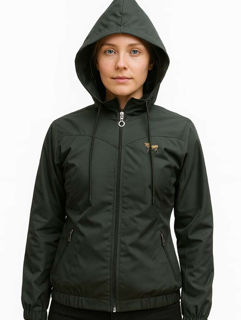 women solid long sleeve hooded windcheater jacket