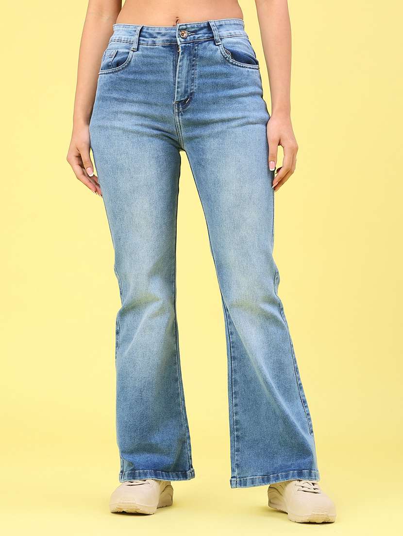 women washed high rise bootcut jeans