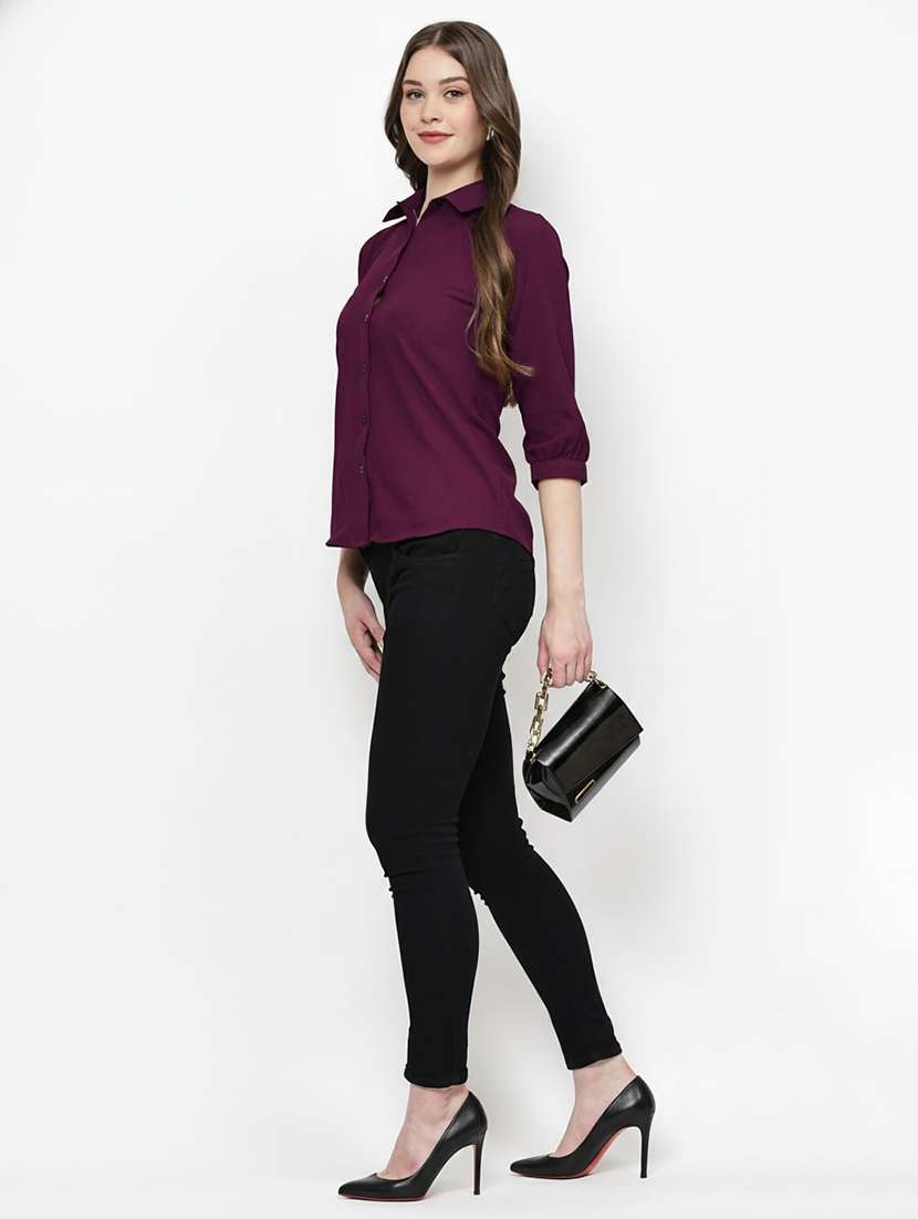 women solid three quarter sleeve shirt top - 22259256 -  Standard Image - 3