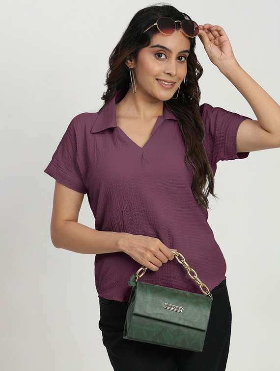 women solid collared short sleeve regular top