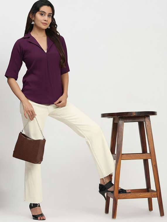 women solid lapel neck short sleeve top - 22259260 -  Standard Image - 3