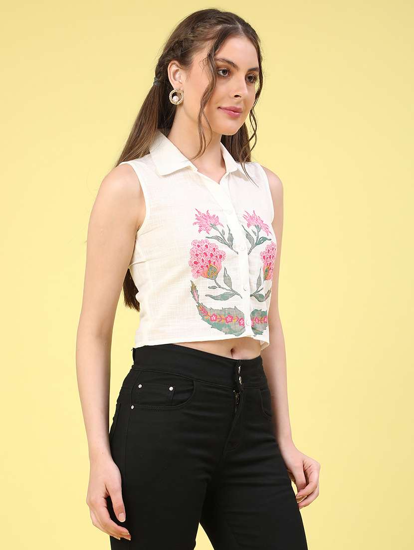 off white cotton crop shirt - 22259295 -  Standard Image - 3