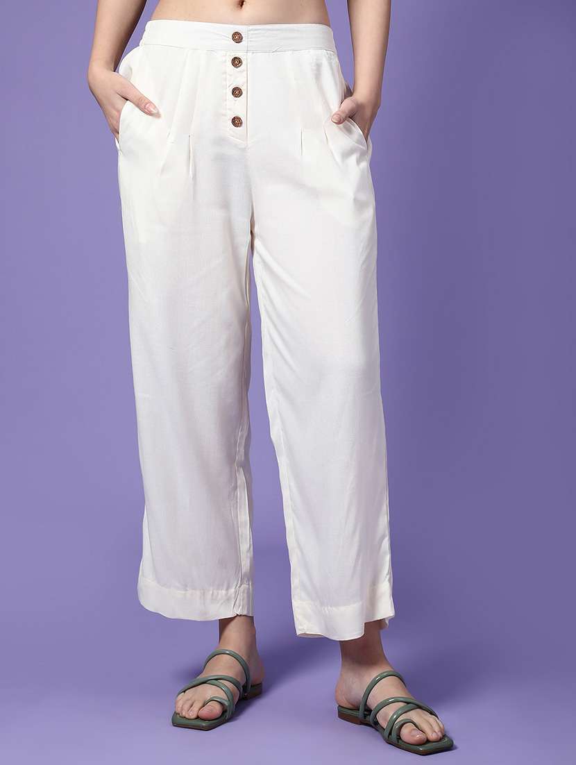 women solid mid rise ankle length straight trouser