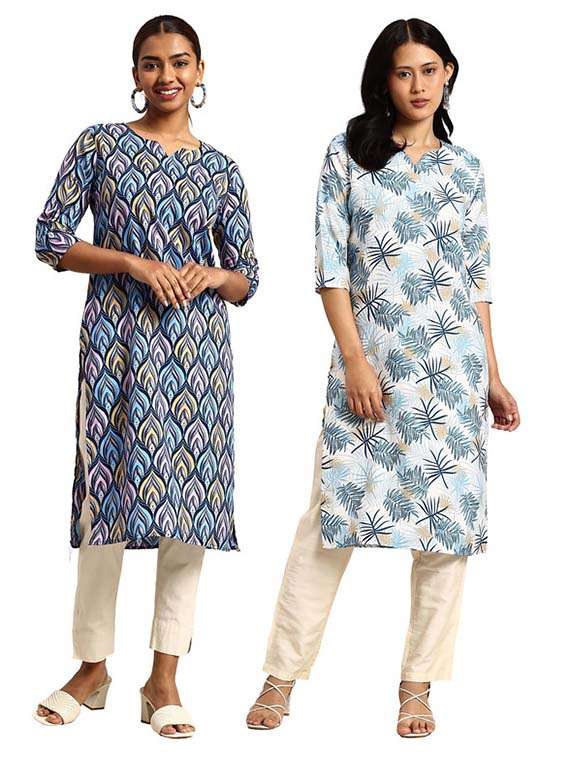 women pack of 2 printed three quarter sleeve straight kurta