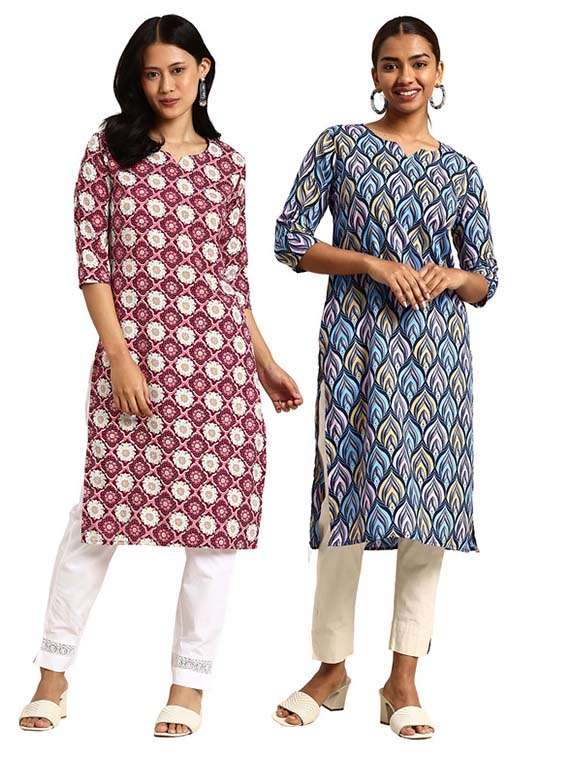 women pack of 2 printed three quarter sleeve straight kurta