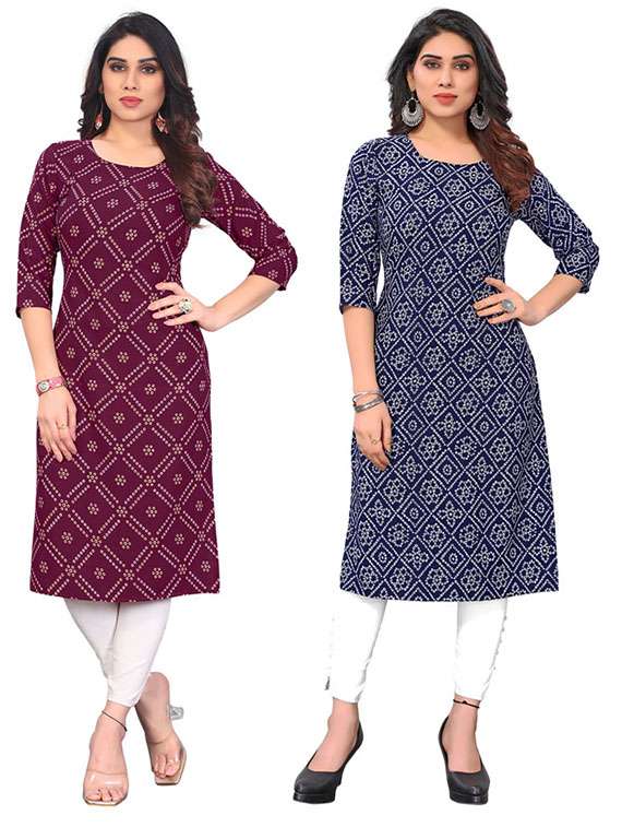 women pack of 2 printed three quarter sleeve straight kurta
