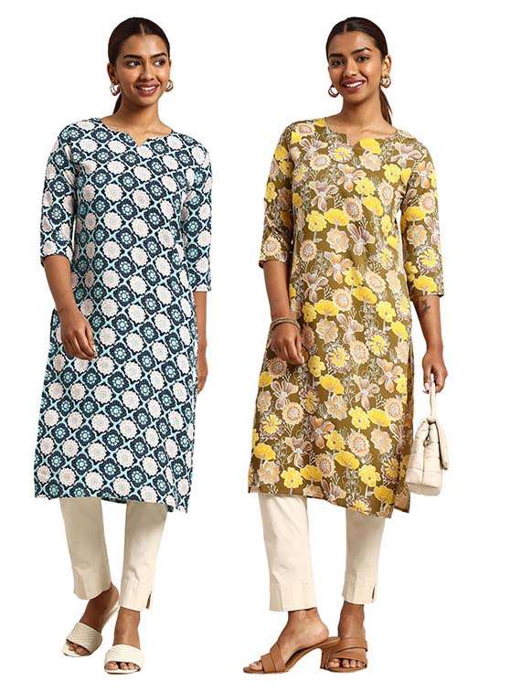 women pack of 2 printed three quarter sleeve straight kurta