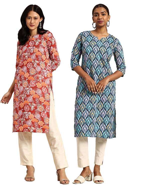 women pack of 2 printed straight kurta