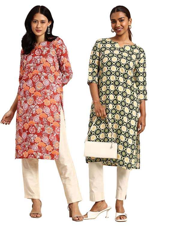 women pack of 2 printed three quarter sleeve straight kurta