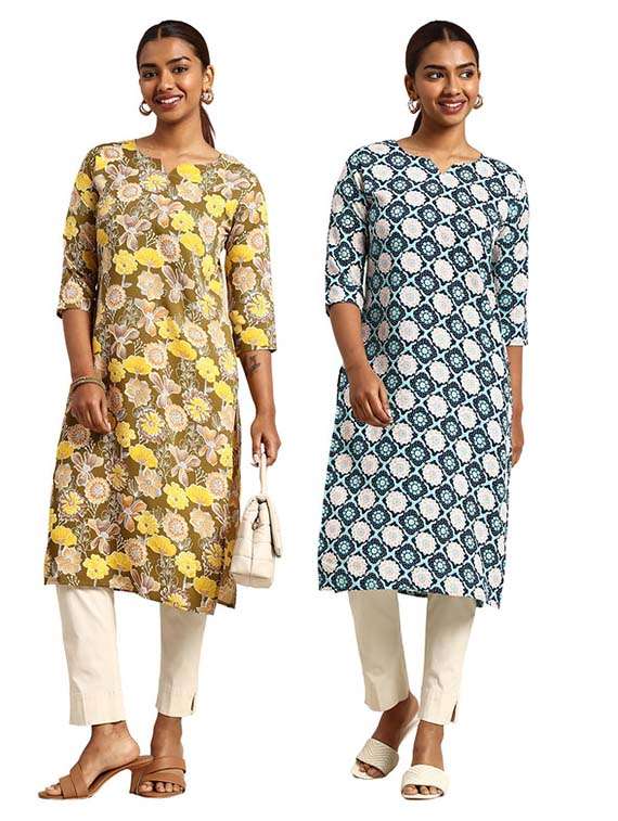 women pack of 2 printed three quarter sleeve straight kurta