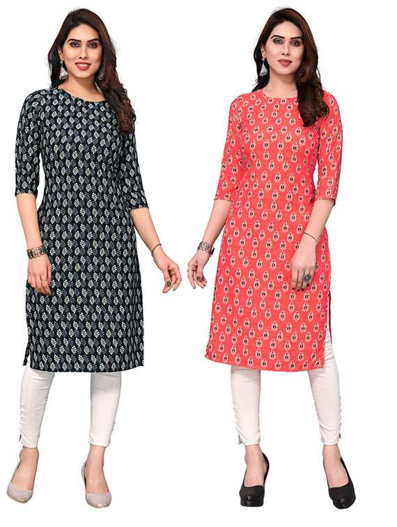 women pack of 2 printed three quarter sleeve straight kurta