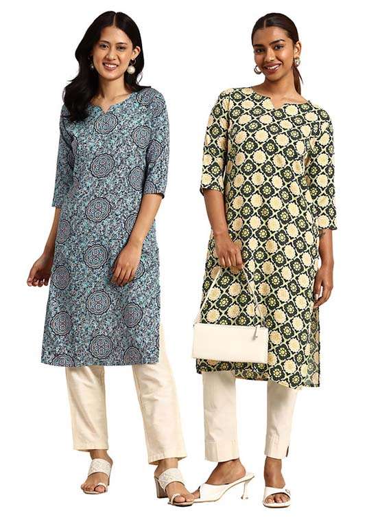 women pack of 2 printed three quarter sleeve straight kurta