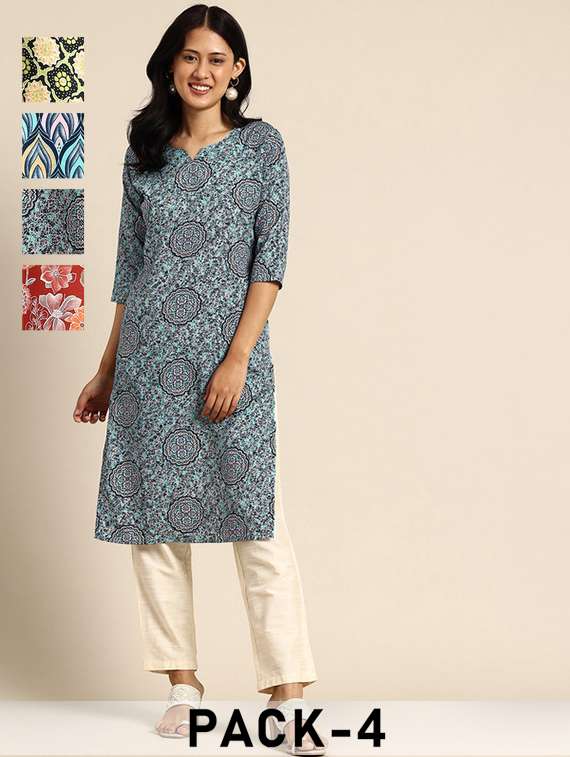 women pack of 4 printed three quarter sleeve straight kurta
