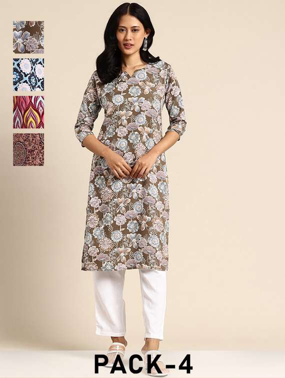 women pack of 4 printed three quarter sleeve straight kurta