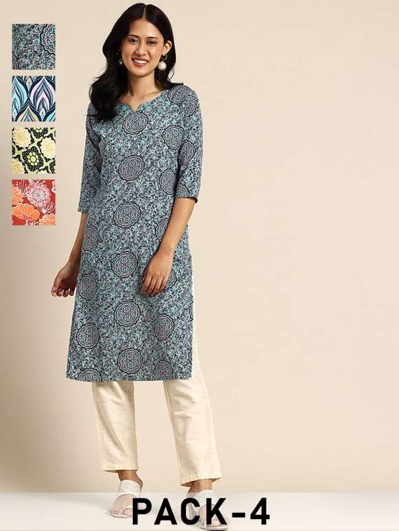 women pack of 4 printed straight kurta