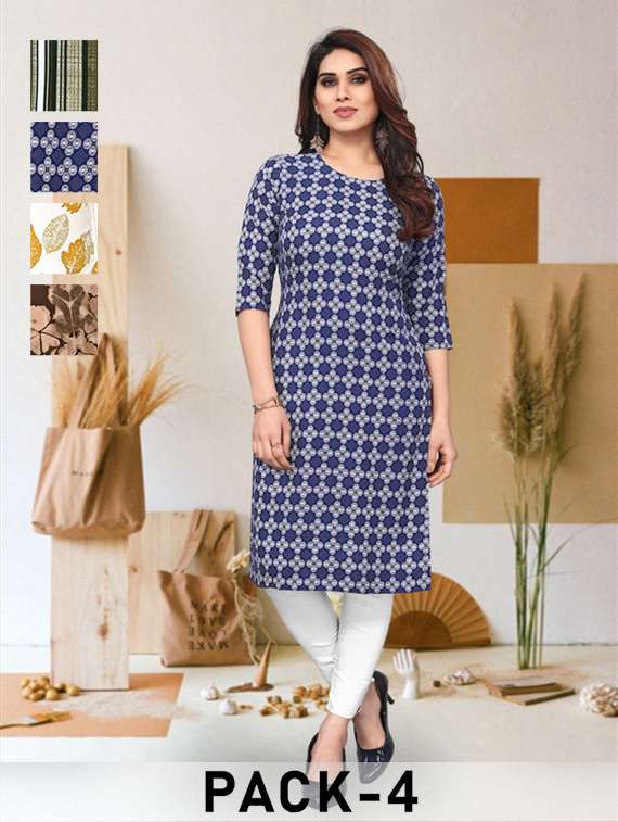 women pack of 4 printed three quarter sleeve straight kurta
