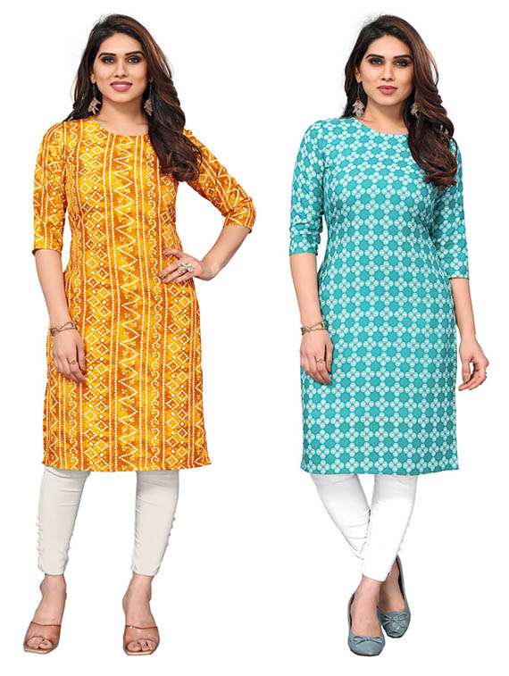 women pack of 2 printed three quarter sleeve straight kurta