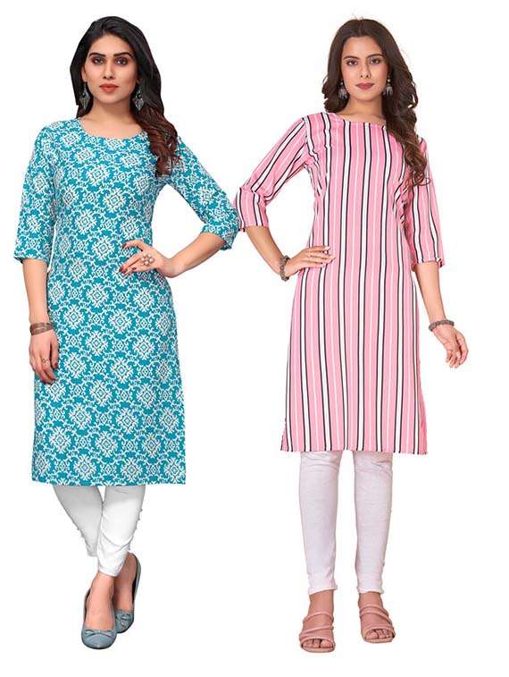 women pack of 2 printed three quarter sleeve straight kurta