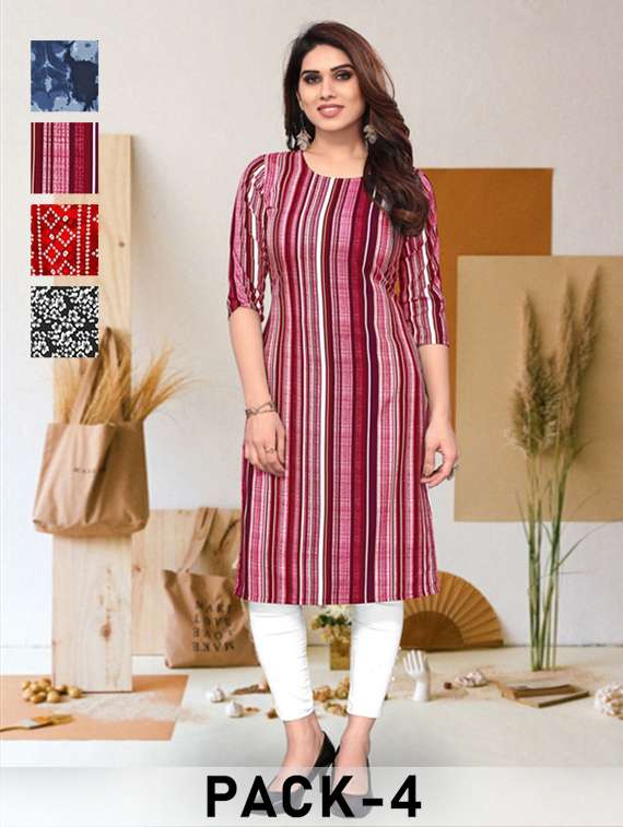 women pack of 4 printed three quarter sleeve straight kurta