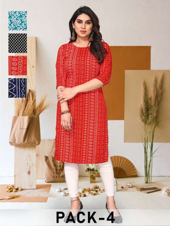 women pack of 4 printed three quarter sleeve straight kurta