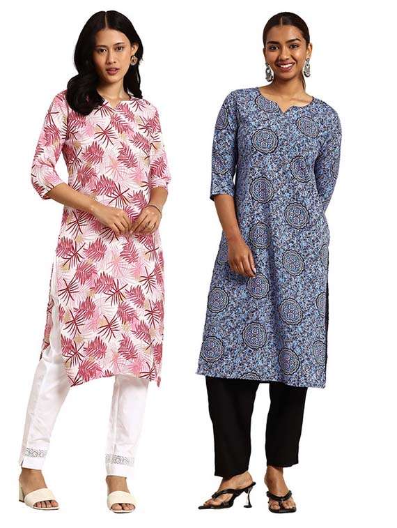 women pack of 2 printed three quarter sleeve straight kurta
