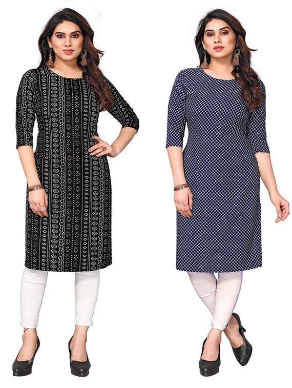 women pack of 2 printed three quarter sleeve straight kurta