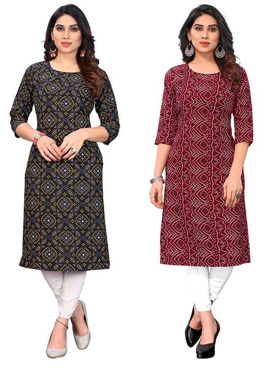 women pack of 2 printed three quarter sleeve straight kurta