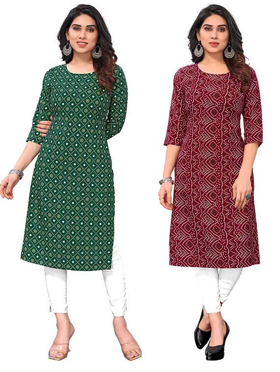 women pack of 2 printed three quarter sleeve straight kurta