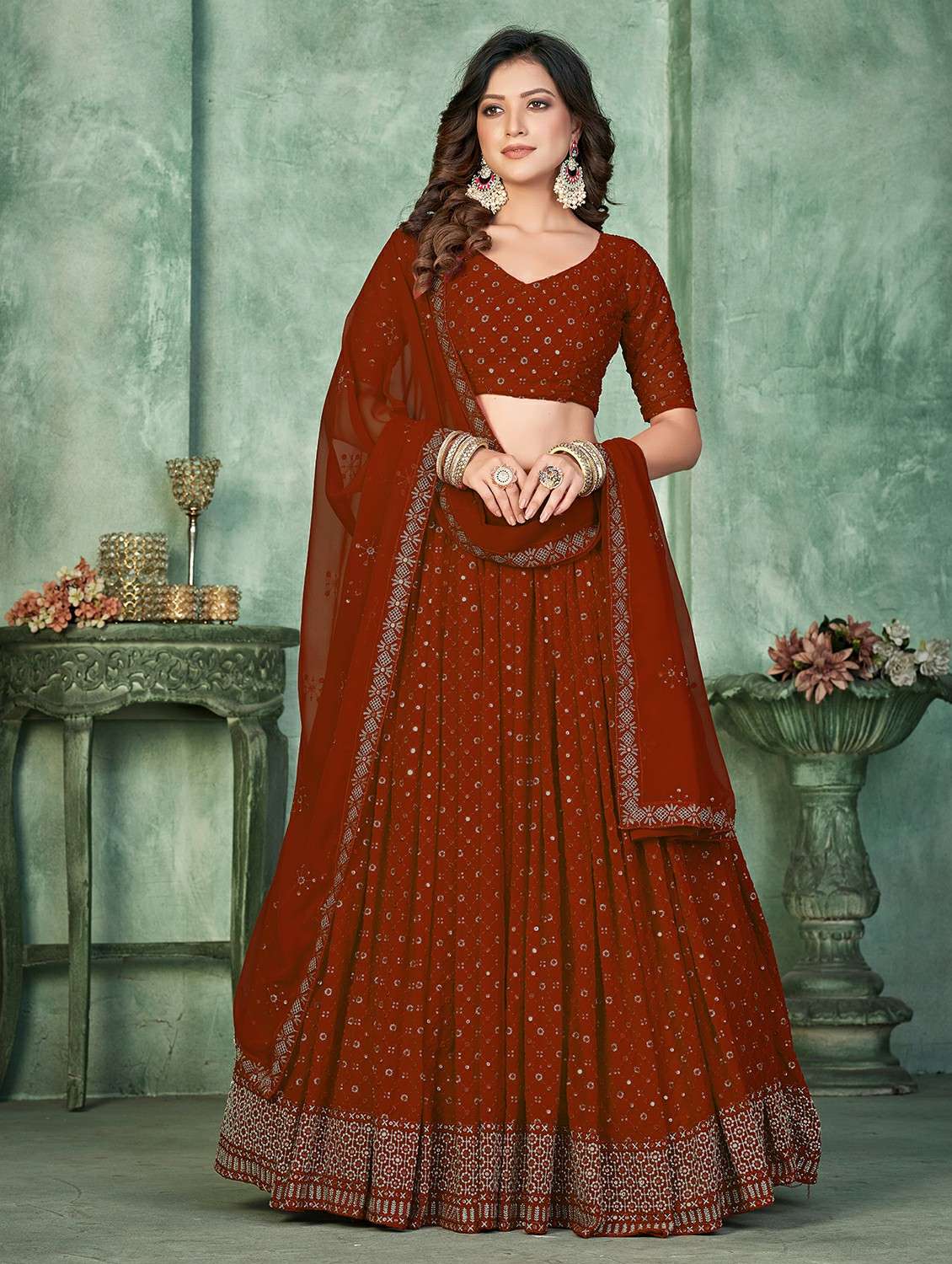 women solid with work semi stitched flared lehenga