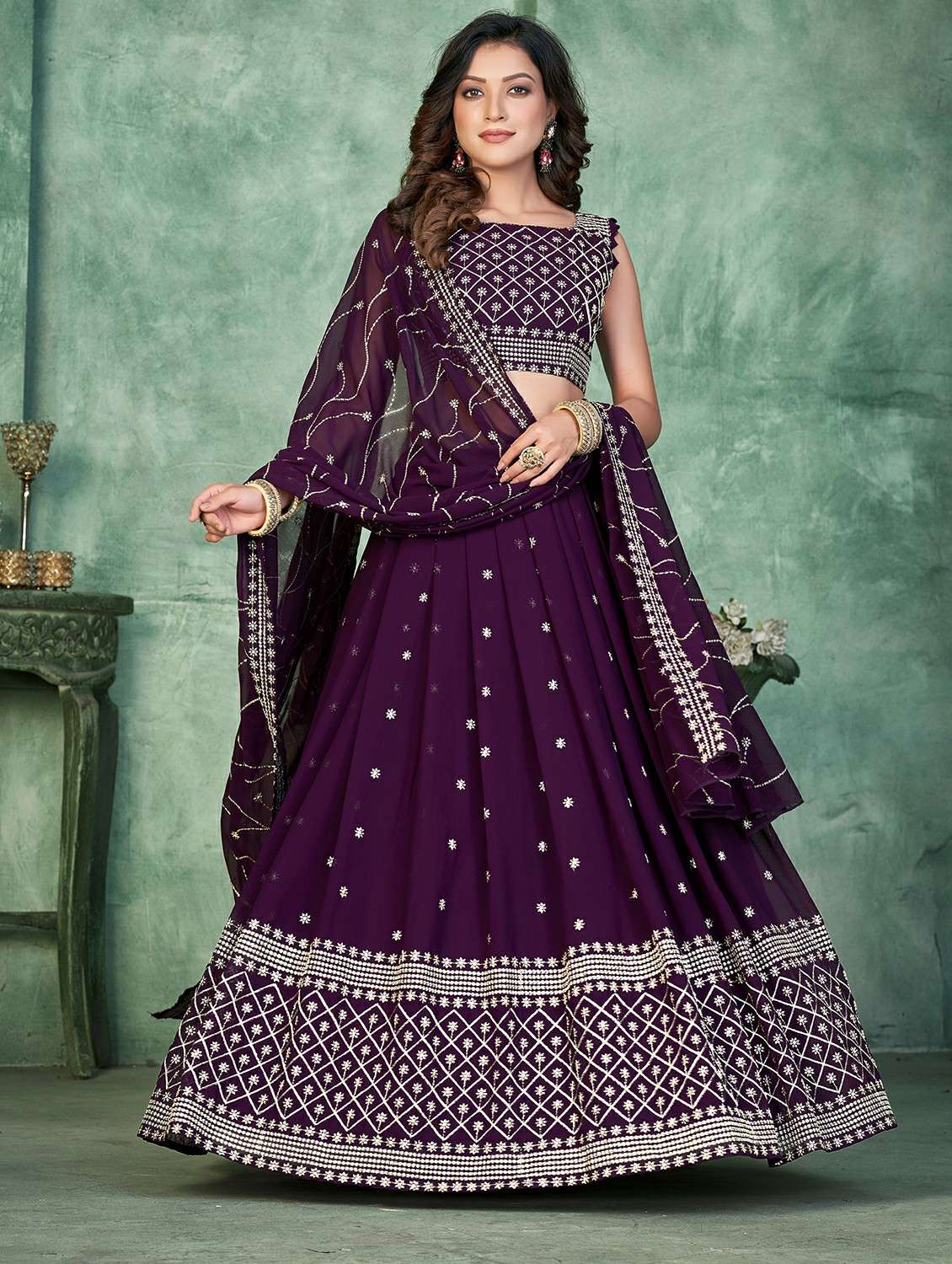 women solid with work semi stitched flared lehenga
