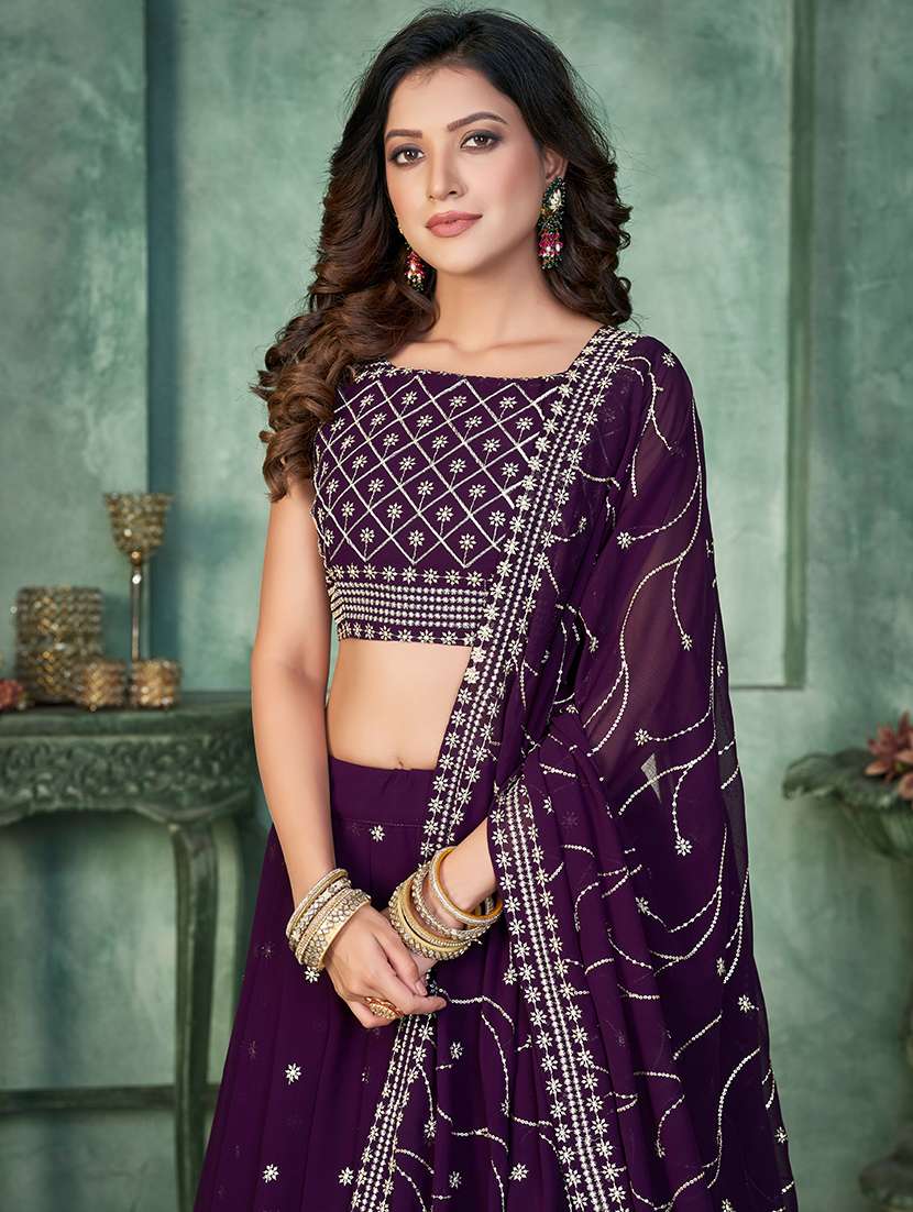 women solid with work semi stitched flared lehenga - 22260692 -  Standard Image - 3