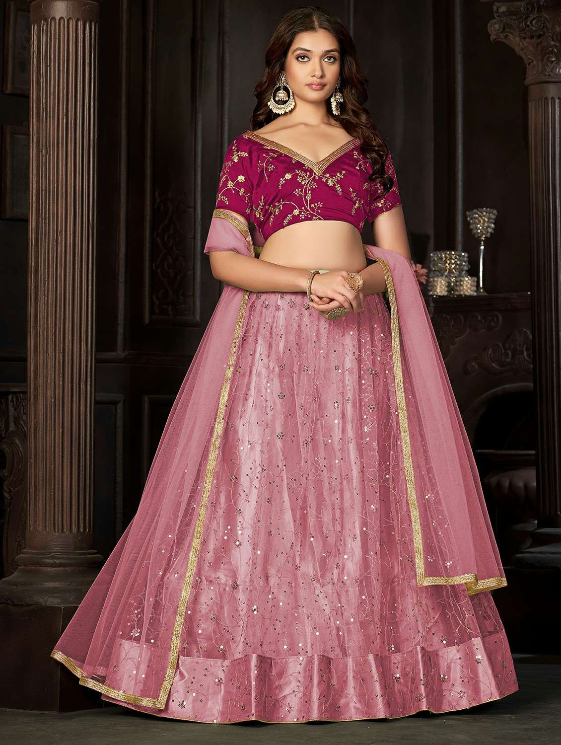 women solid with work semi stitched flared lehenga