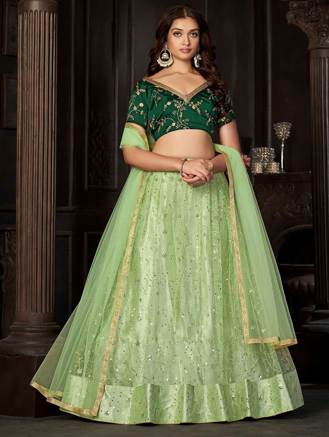 women solid with work semi stitched flared lehenga