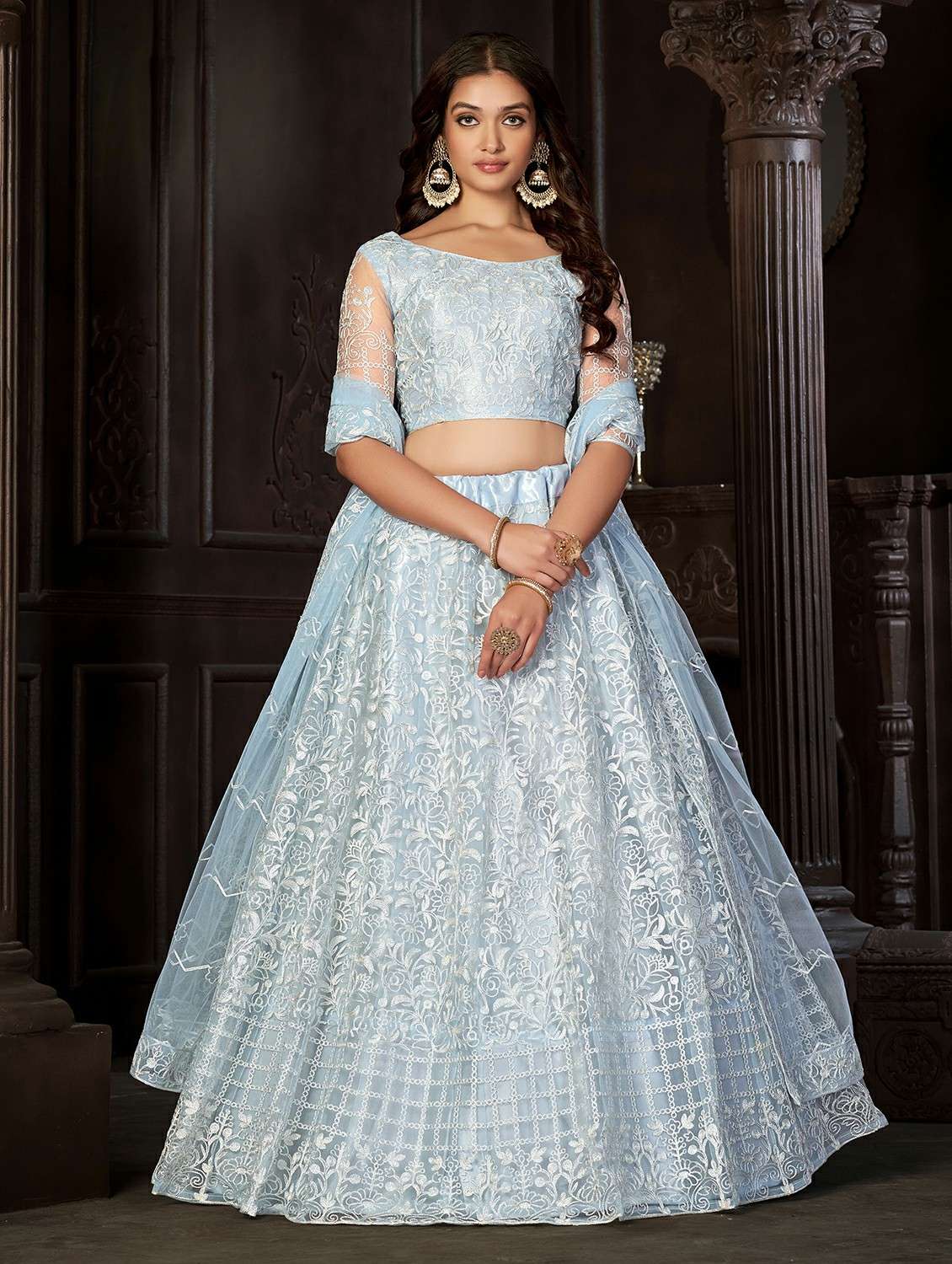 women solid with work semi stitched flared lehenga