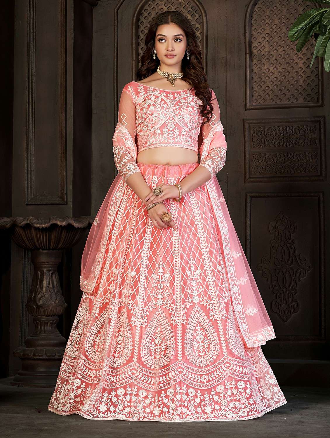 women solid with work semi stitched flared lehenga