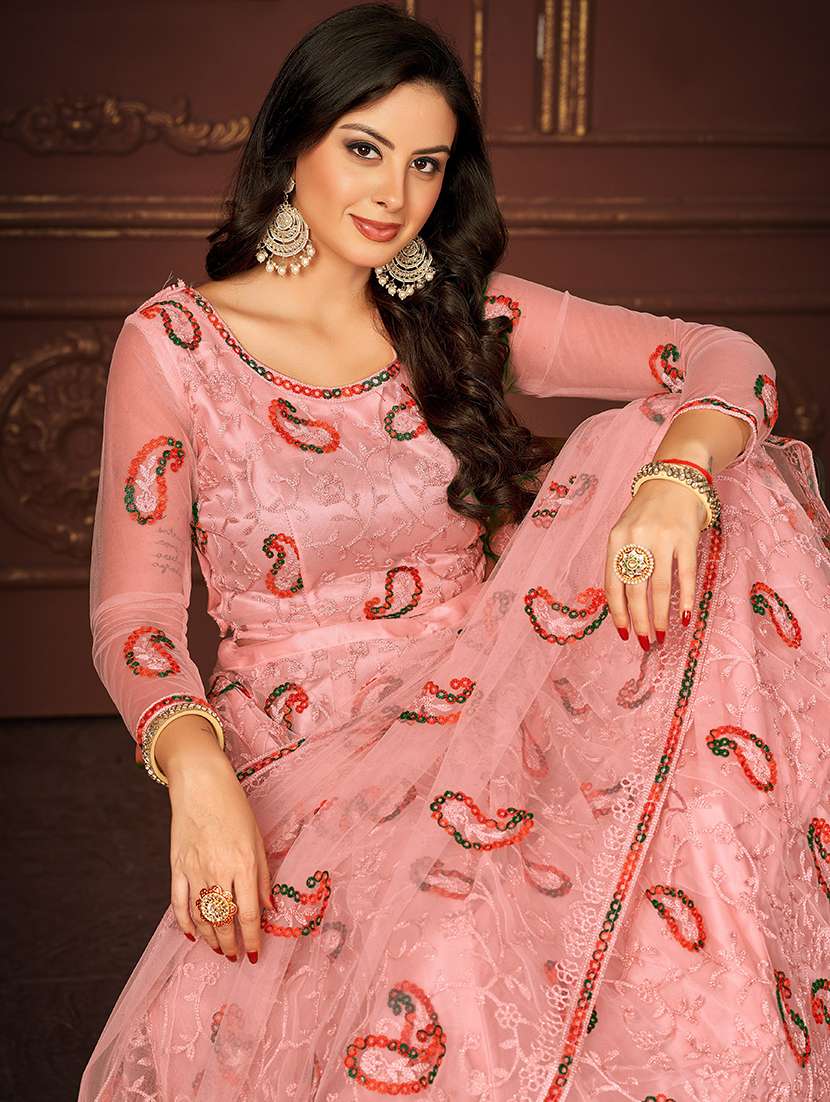 women solid with work semi stitched flared lehenga - 22260715 -  Standard Image - 3