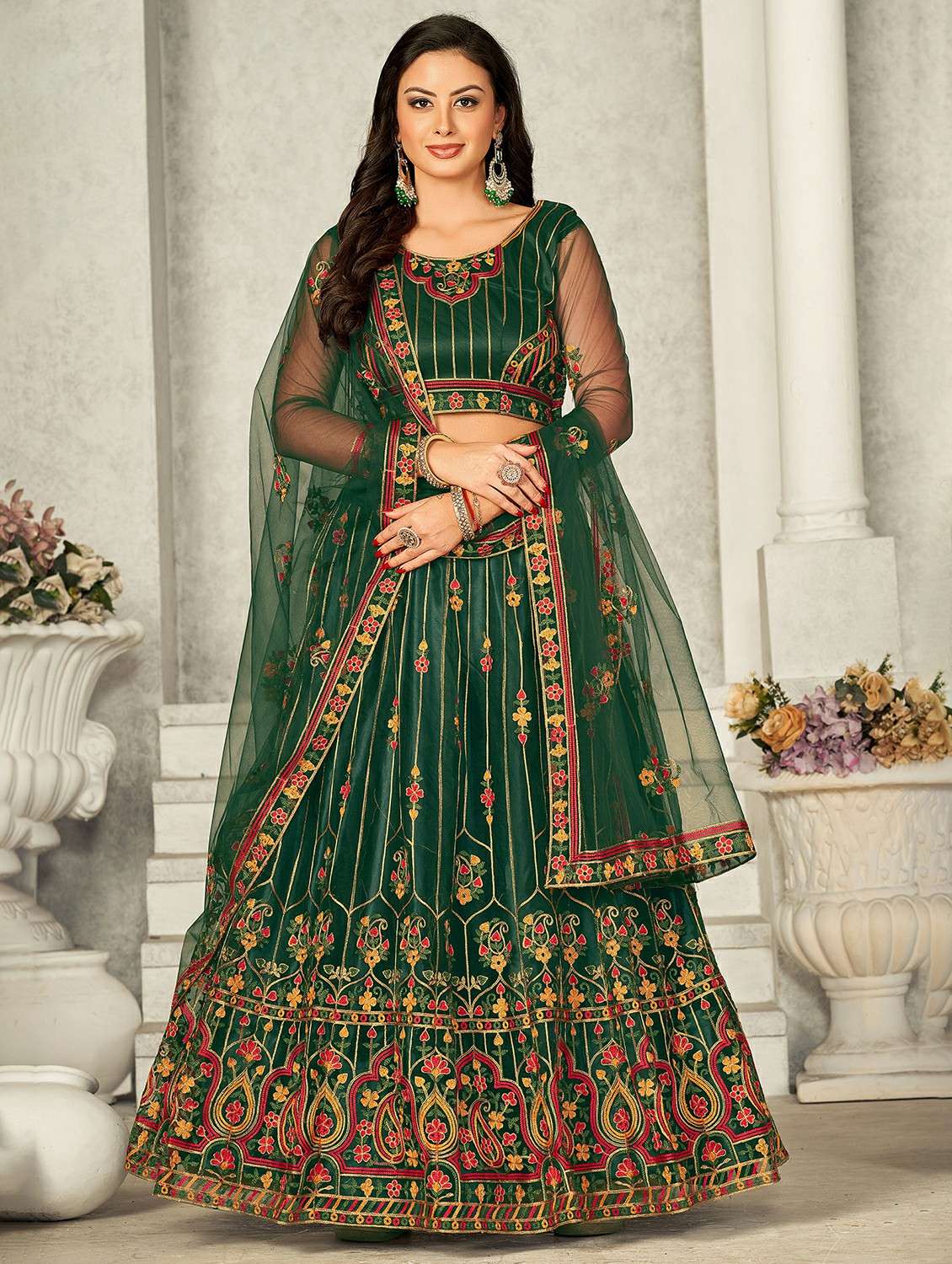 women solid with work semi stitched flared lehenga
