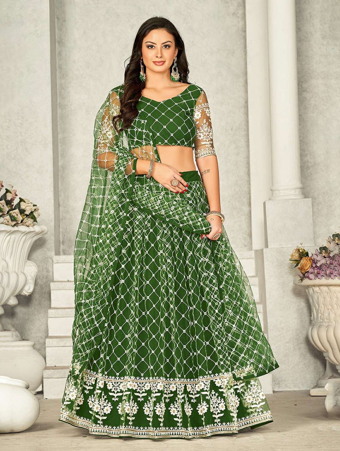 women solid with work semi stitched flared lehenga
