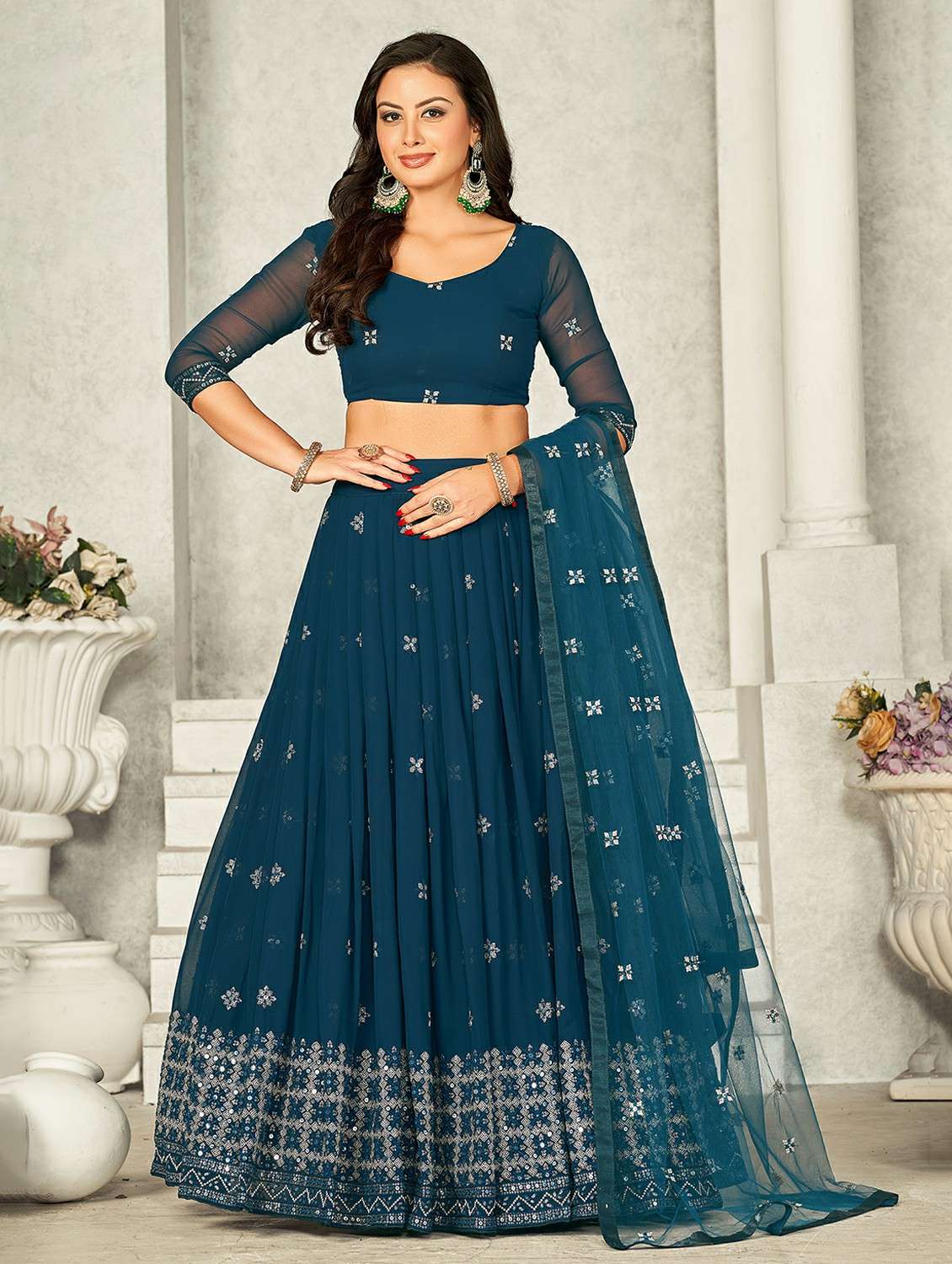 women solid with work semi stitched flared lehenga