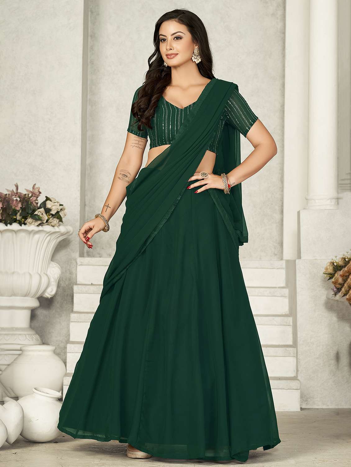 women solid semi stitched flared lehenga