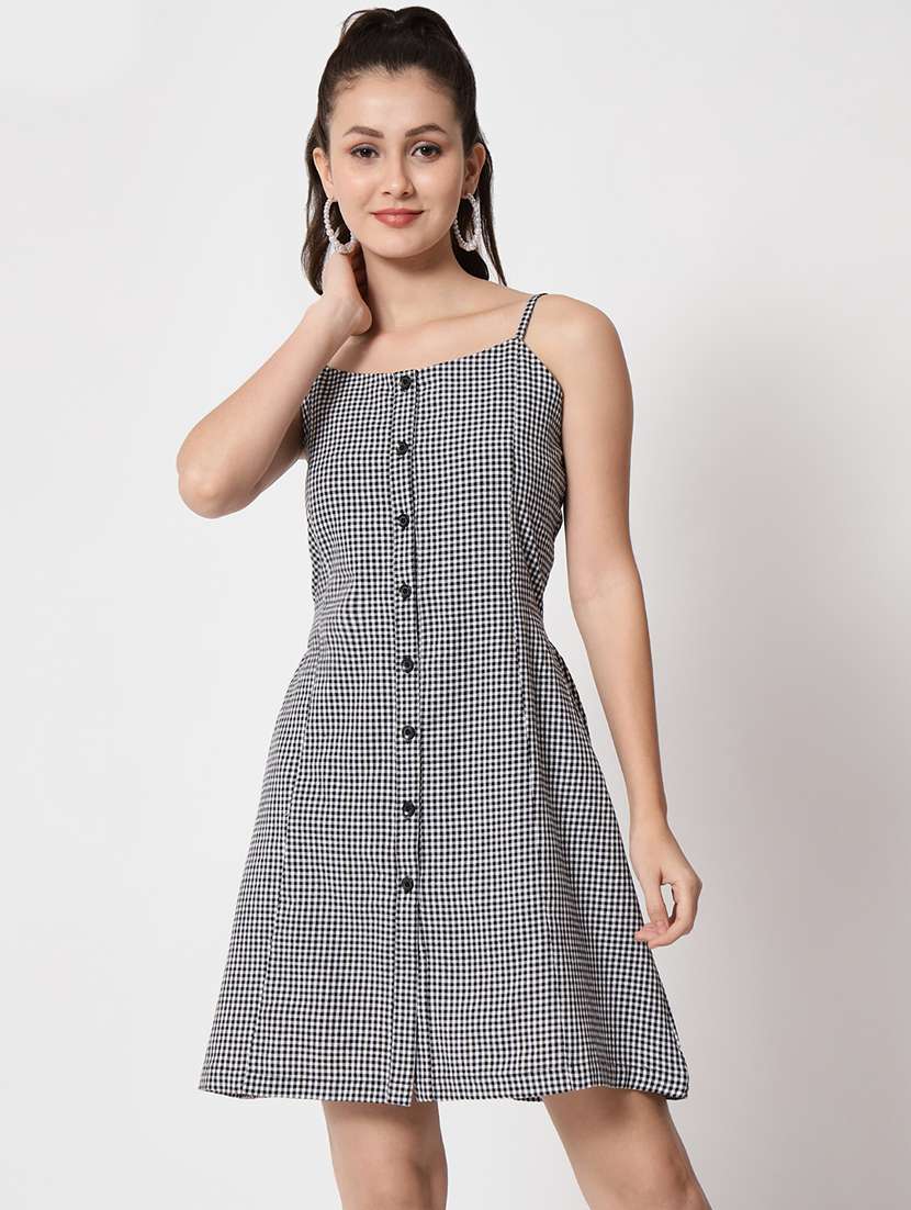 women checkered shoulder strap a-line dress