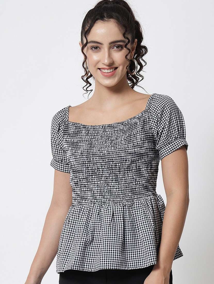 women checkered puff sleeve peplum top