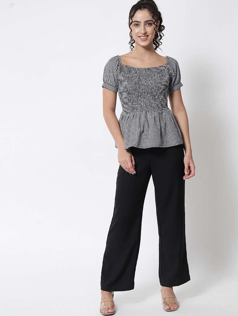 women checkered puff sleeve peplum top - 22260741 -  Standard Image - 3