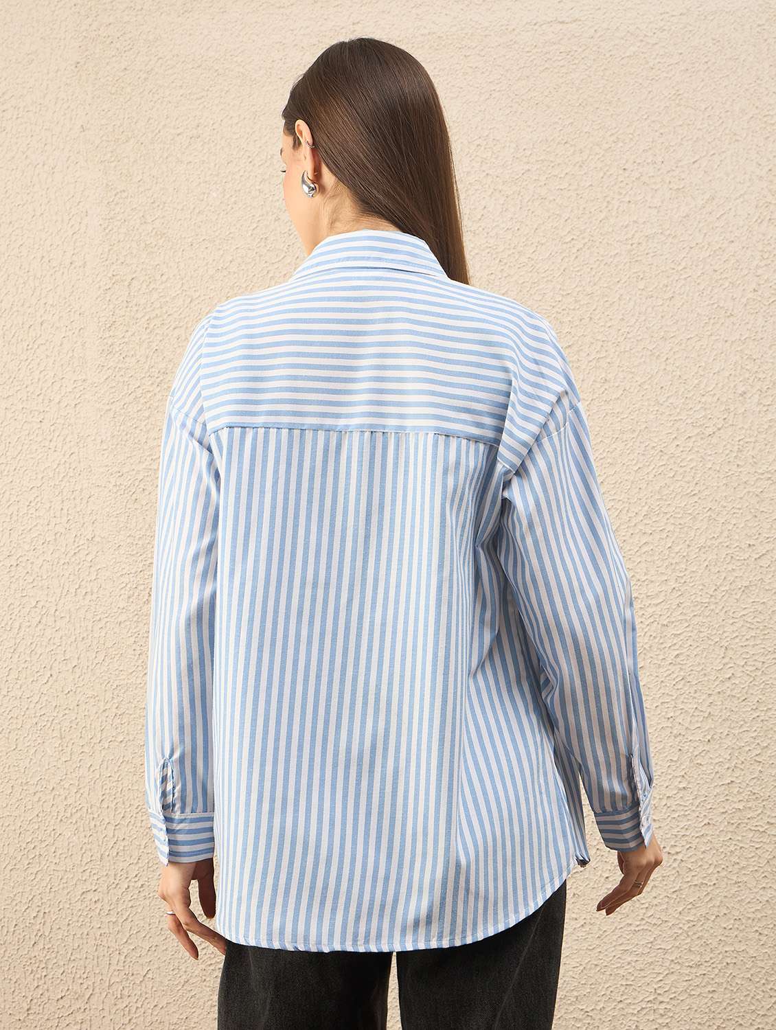 women striped collared long sleeve oversized shirt - 22260745 -  Standard Image - 3