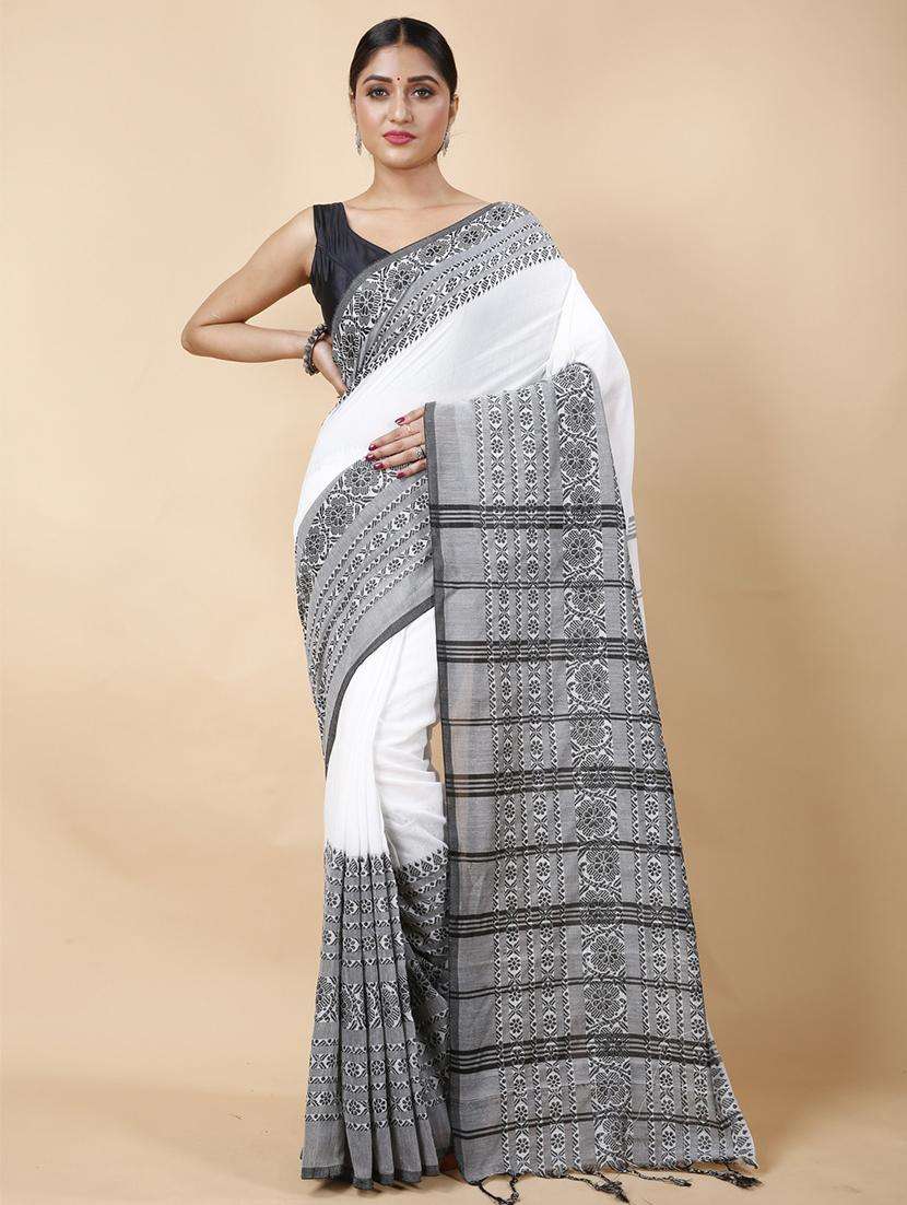 women solid with bordered handloom saree
