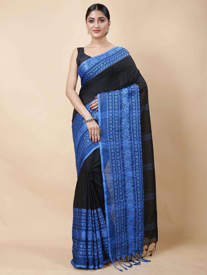 women solid with bordered handloom saree