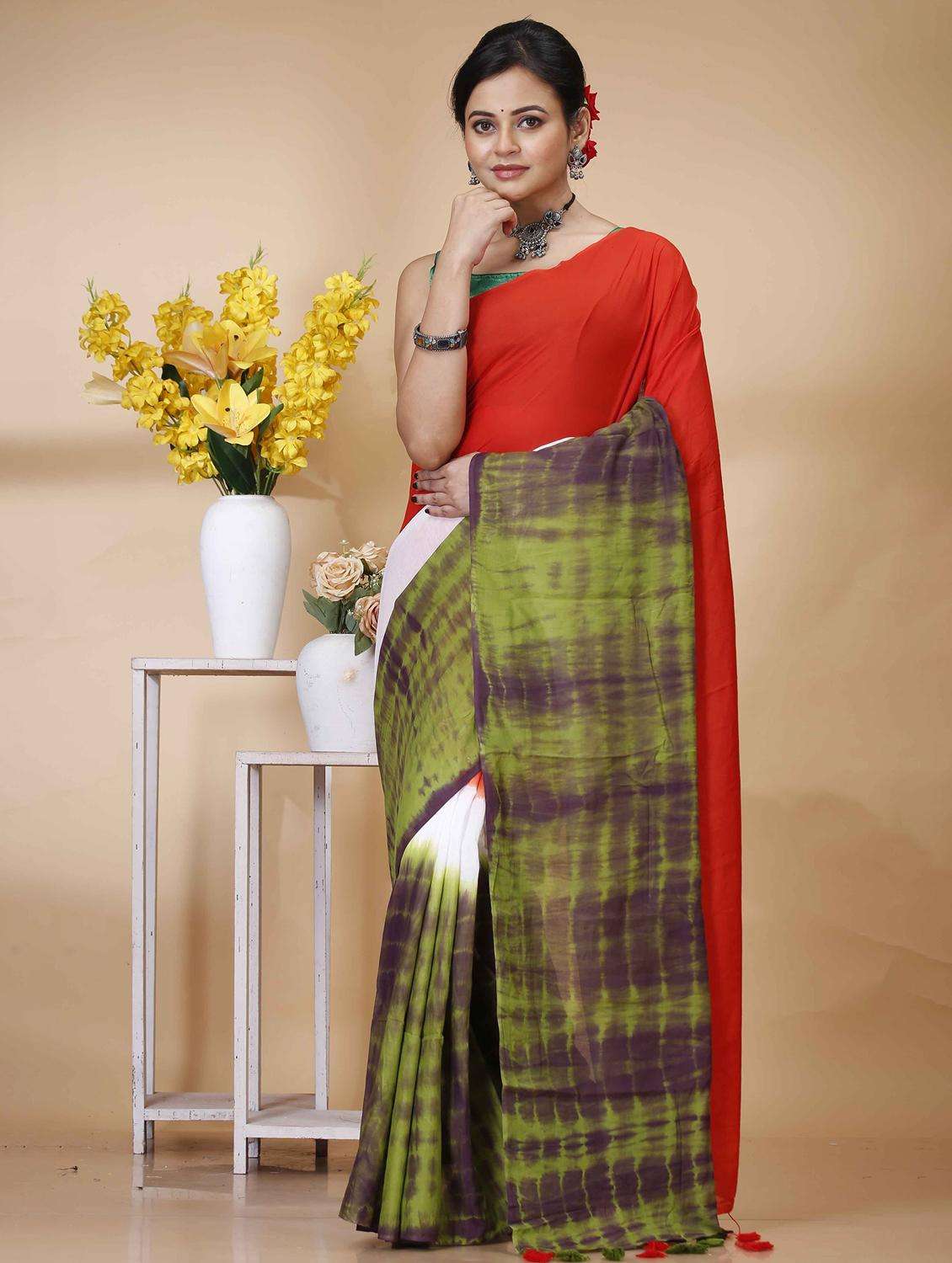 women tie & dye printed handloom saree