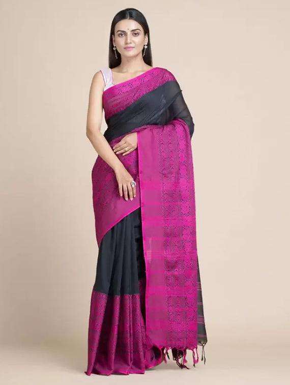 women solid with bordered handloom saree with blouse