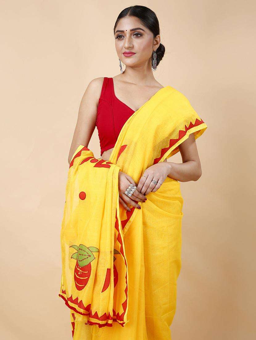 women solid with work handloom saree - 22261366 -  Standard Image - 3